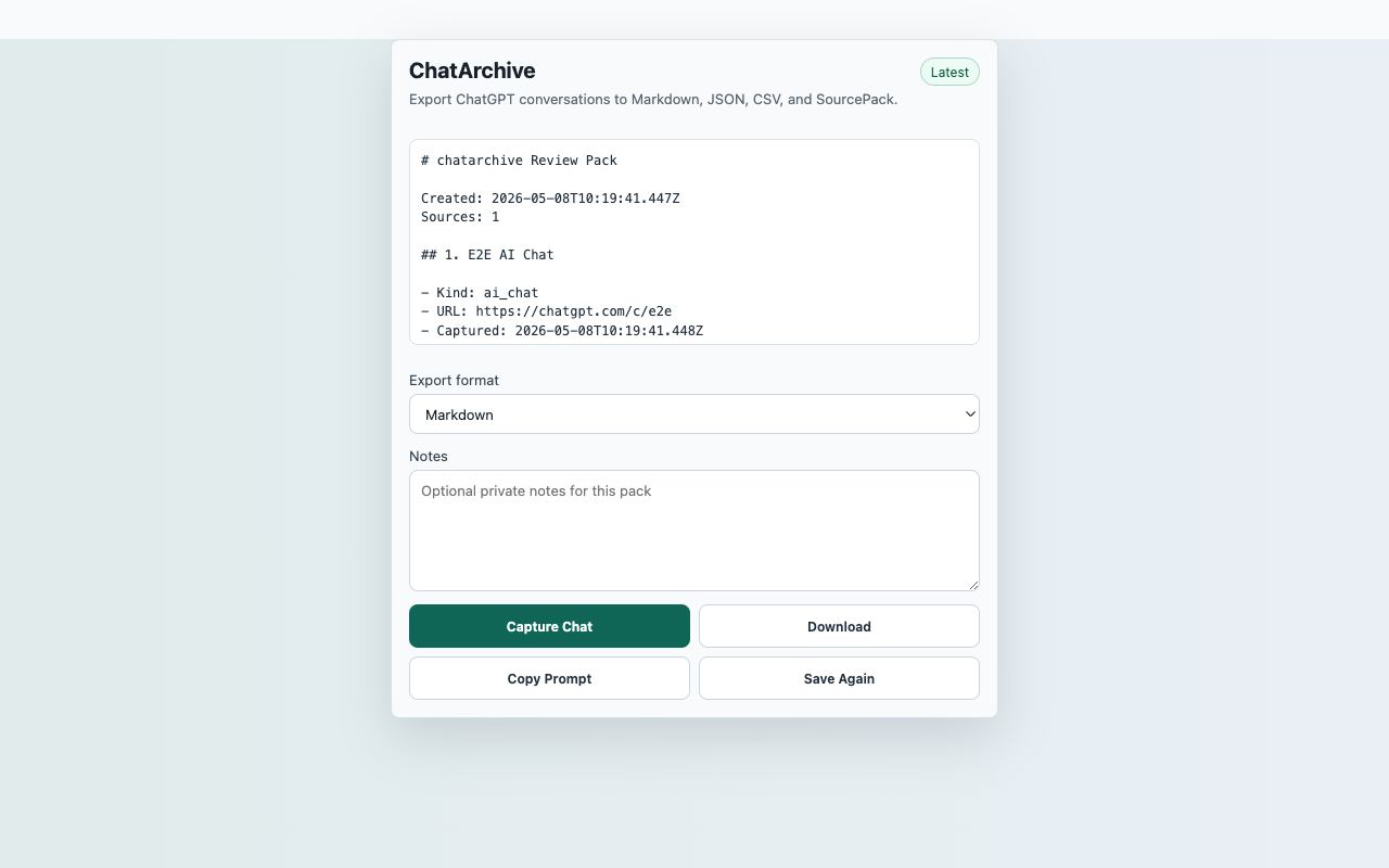 ChatArchive extension popup screenshot